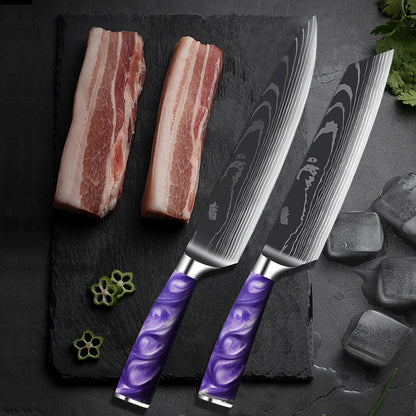 Stainless Steel Damascus Purple Resin Handle Knives