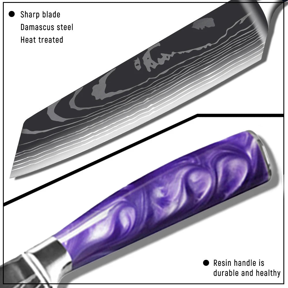 Stainless Steel Damascus Purple Resin Handle Knives