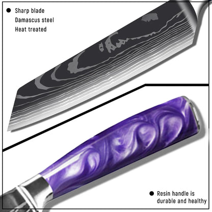 Stainless Steel Damascus Purple Resin Handle Knives