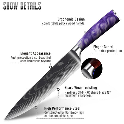 Stainless Steel Damascus Purple Resin Handle Knives