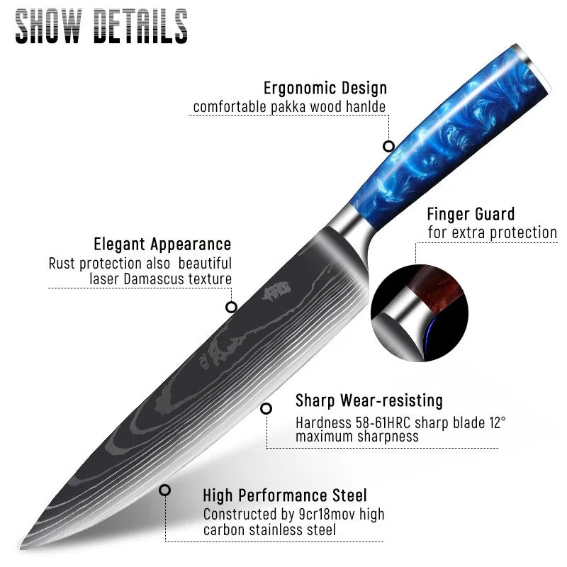 Stainless Steel Damascus Blue Resin Handle Knives