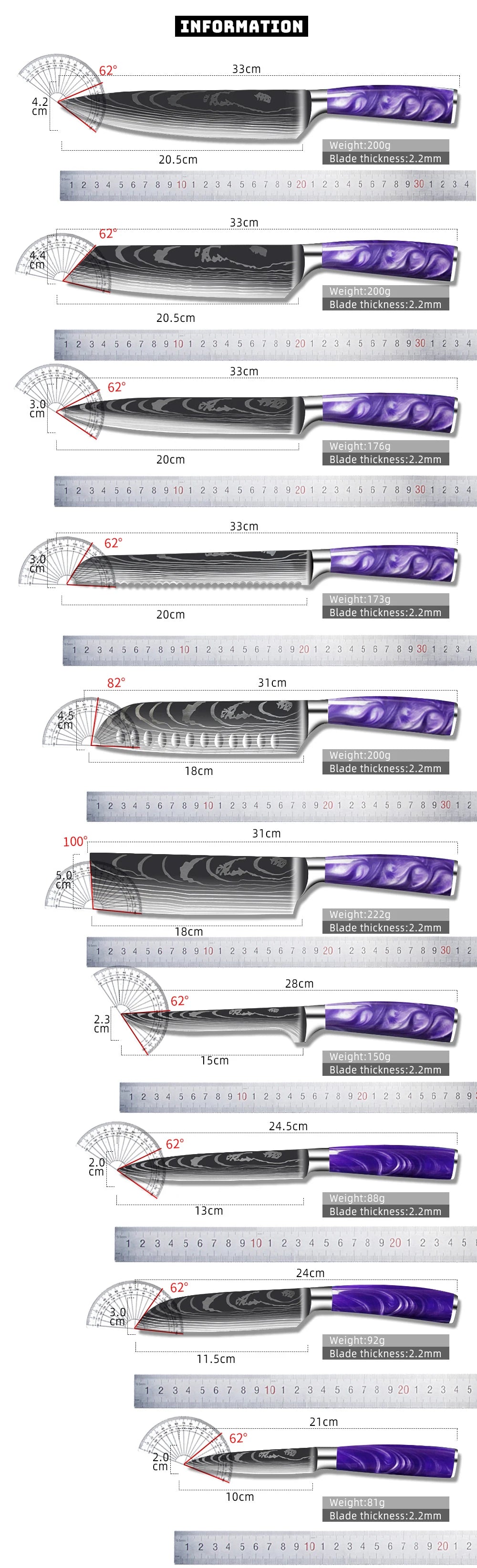 Stainless Steel Damascus Purple Resin Handle Knives