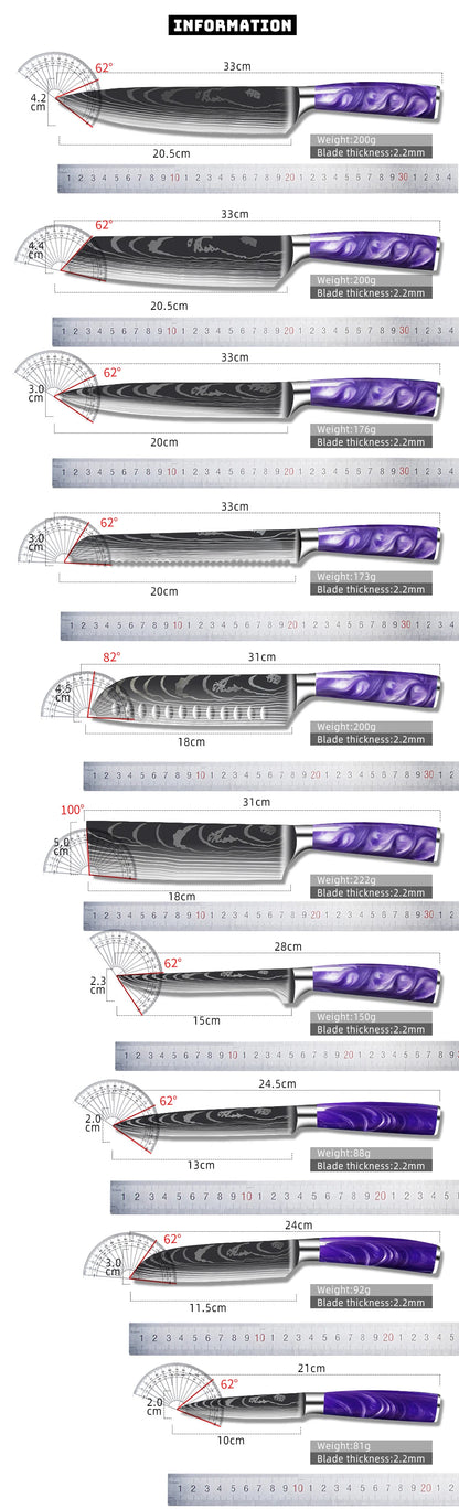 Stainless Steel Damascus Purple Resin Handle Knives