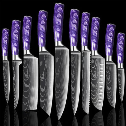 Stainless Steel Damascus Purple Resin Handle Knives