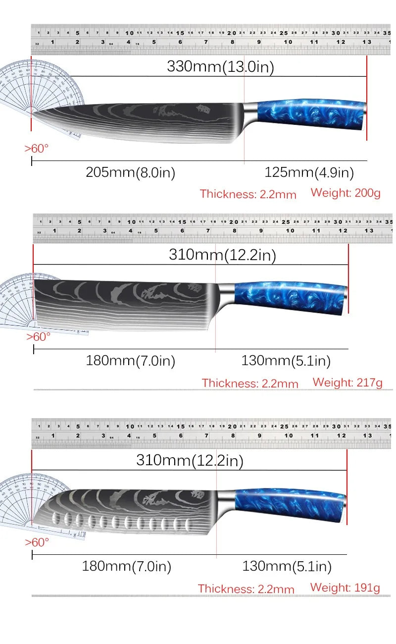 Stainless Steel Damascus Blue Resin Handle Knives