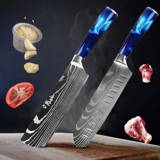 Stainless Steel Damascus Blue Resin Handle Knives